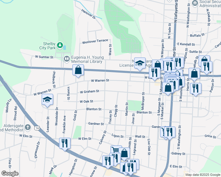 map of restaurants, bars, coffee shops, grocery stores, and more near 612 West Graham Street in Shelby