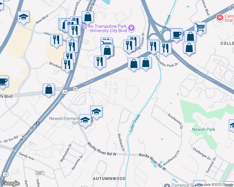 map of restaurants, bars, coffee shops, grocery stores, and more near 414 Joe Whitener Road in Charlotte
