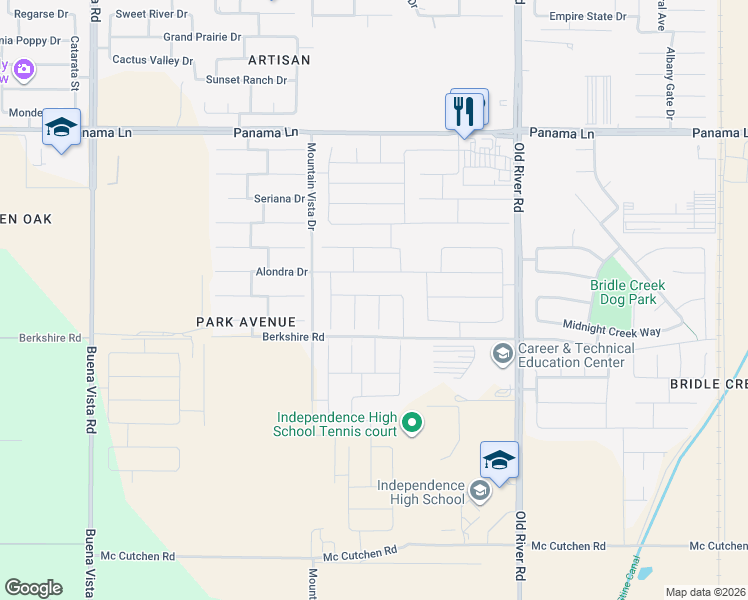 map of restaurants, bars, coffee shops, grocery stores, and more near 10218 Golden Square Avenue in Bakersfield