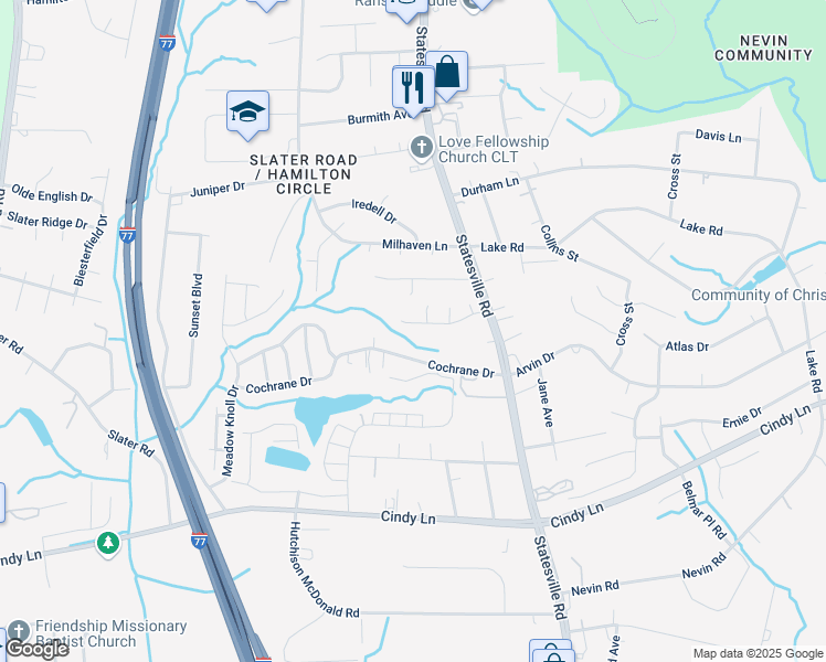 map of restaurants, bars, coffee shops, grocery stores, and more near 3108 Misty Creek Drive in Charlotte