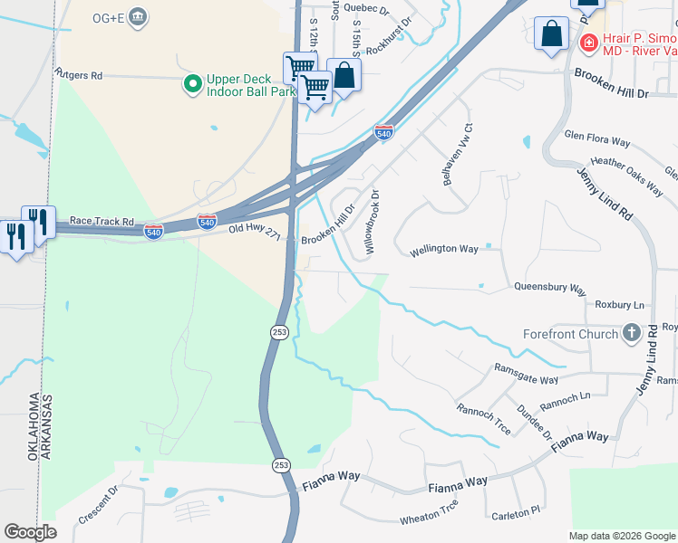 map of restaurants, bars, coffee shops, grocery stores, and more near 9928 Willowbrook Loop in Fort Smith