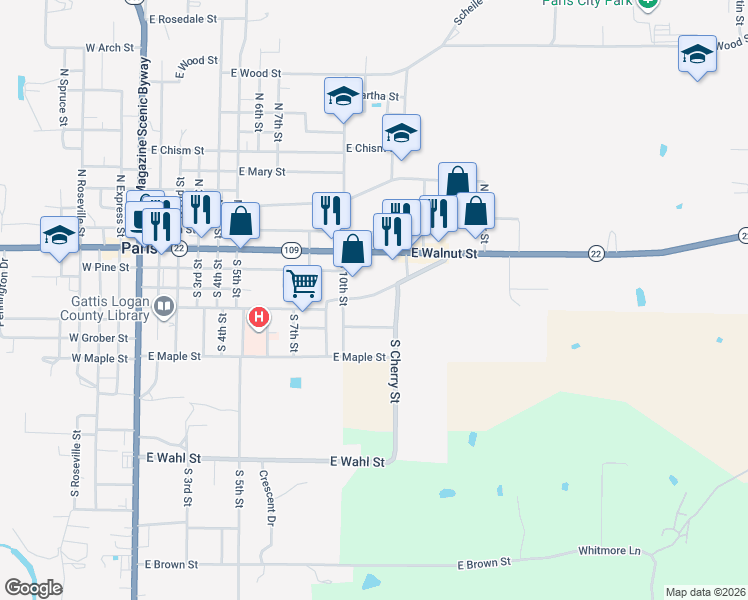 map of restaurants, bars, coffee shops, grocery stores, and more near 1106 East Academy Street in Paris