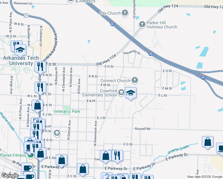 map of restaurants, bars, coffee shops, grocery stores, and more near 1205 North Ithaca Avenue in Russellville