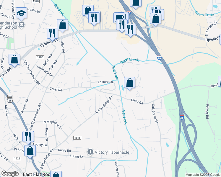 map of restaurants, bars, coffee shops, grocery stores, and more near 21 Leisure Lane in East Flat Rock