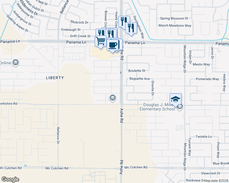 map of restaurants, bars, coffee shops, grocery stores, and more near 6516 Walkers Glen Lane in Bakersfield