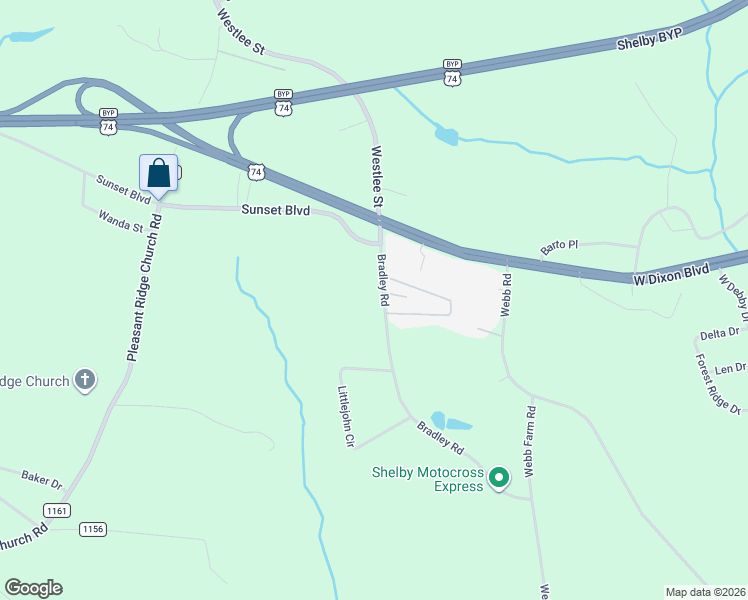 map of restaurants, bars, coffee shops, grocery stores, and more near 120 Bradley Road in Shelby