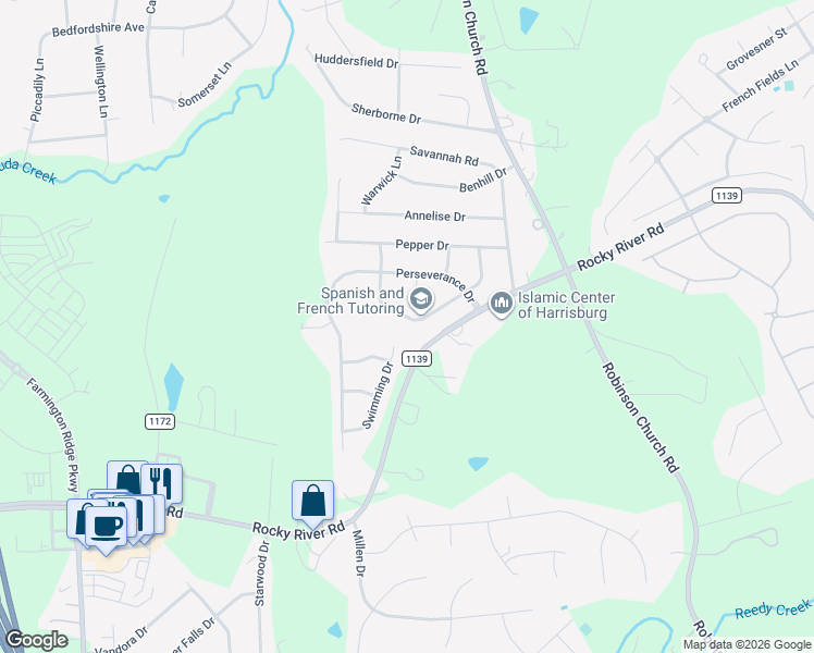map of restaurants, bars, coffee shops, grocery stores, and more near 8939 Happiness Road in Charlotte