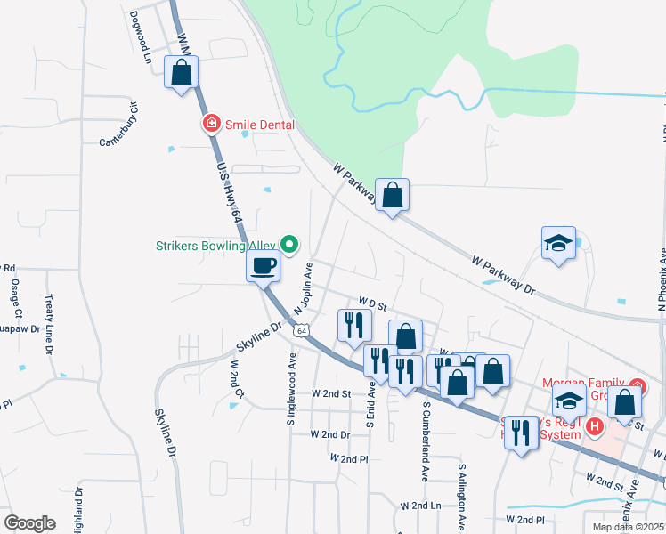 map of restaurants, bars, coffee shops, grocery stores, and more near 2901 West E Street in Russellville