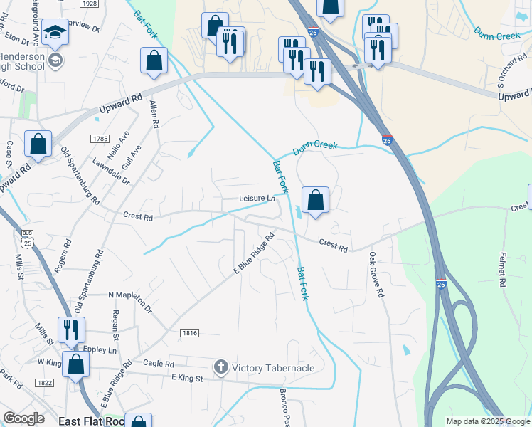 map of restaurants, bars, coffee shops, grocery stores, and more near 21 Leisure Lane in East Flat Rock