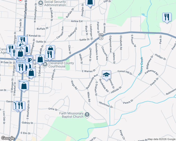 map of restaurants, bars, coffee shops, grocery stores, and more near 229 Chestnut Street in Shelby