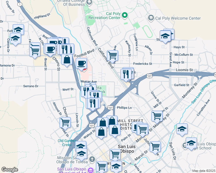 map of restaurants, bars, coffee shops, grocery stores, and more near 525 Ellen Way in San Luis Obispo