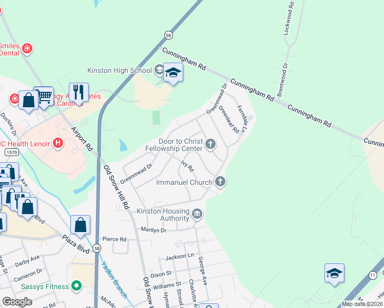 map of restaurants, bars, coffee shops, grocery stores, and more near 2307 Briarfield Road in Kinston