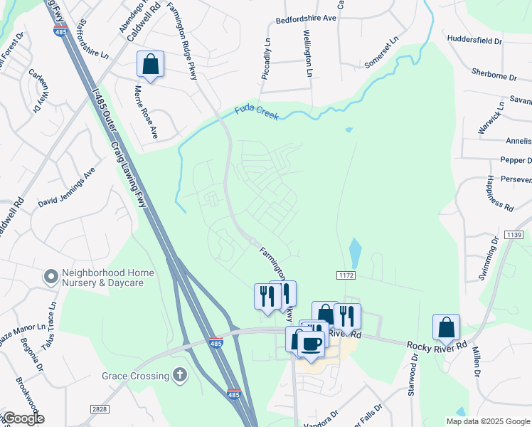 map of restaurants, bars, coffee shops, grocery stores, and more near 4538 Rocky River Crossing Road in Harrisburg