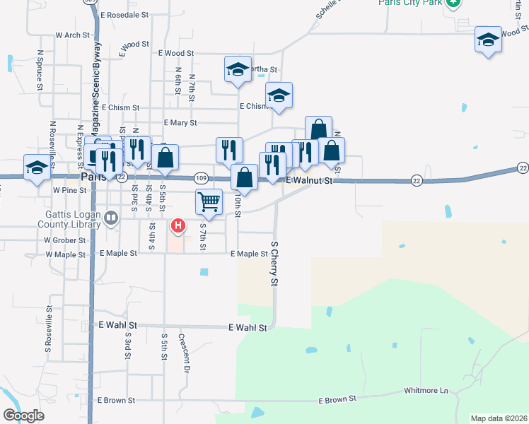 map of restaurants, bars, coffee shops, grocery stores, and more near 1106 East Academy Street in Paris