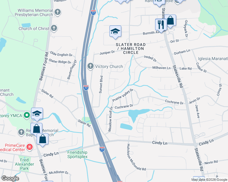 map of restaurants, bars, coffee shops, grocery stores, and more near 2518 Stream Bank Drive in Charlotte