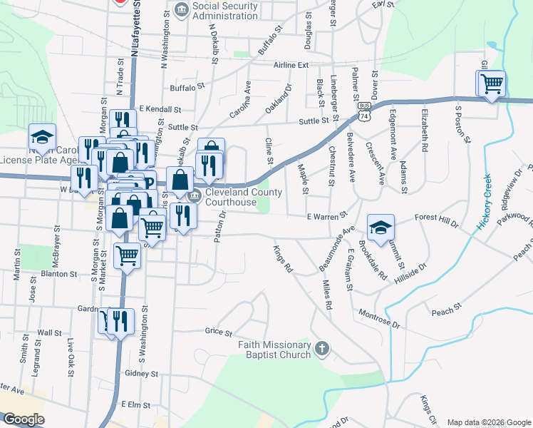 map of restaurants, bars, coffee shops, grocery stores, and more near 466 East Warren Street in Shelby