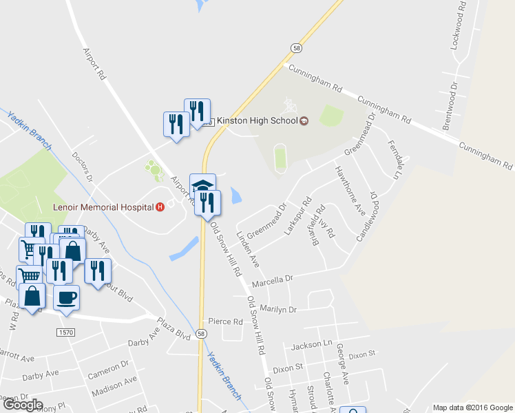 map of restaurants, bars, coffee shops, grocery stores, and more near 520 Linden Avenue in Kinston