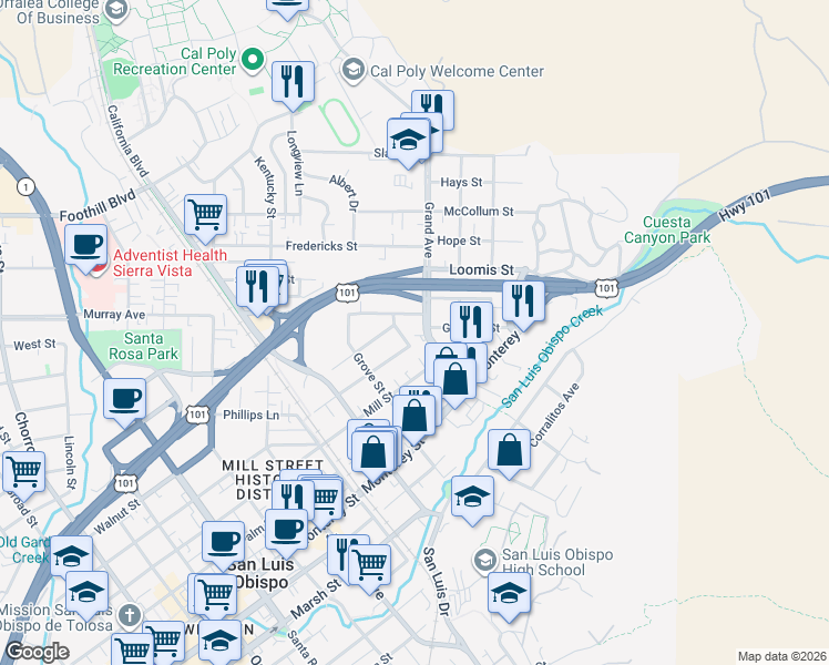 map of restaurants, bars, coffee shops, grocery stores, and more near 681 Grand Avenue in San Luis Obispo