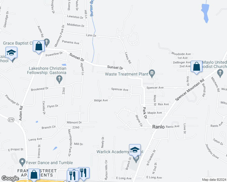 map of restaurants, bars, coffee shops, grocery stores, and more near 2497 Spencer Avenue in Gastonia