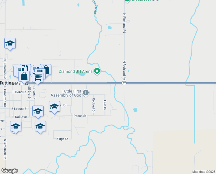 map of restaurants, bars, coffee shops, grocery stores, and more near 710 East Main Street in Tuttle