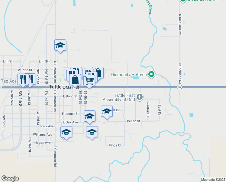map of restaurants, bars, coffee shops, grocery stores, and more near 510 E Main St in Tuttle