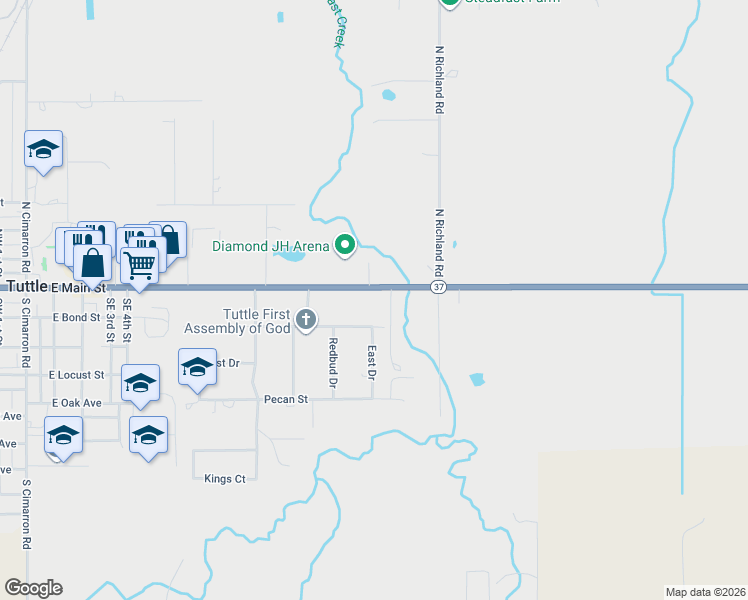 map of restaurants, bars, coffee shops, grocery stores, and more near 710 East Main Street in Tuttle