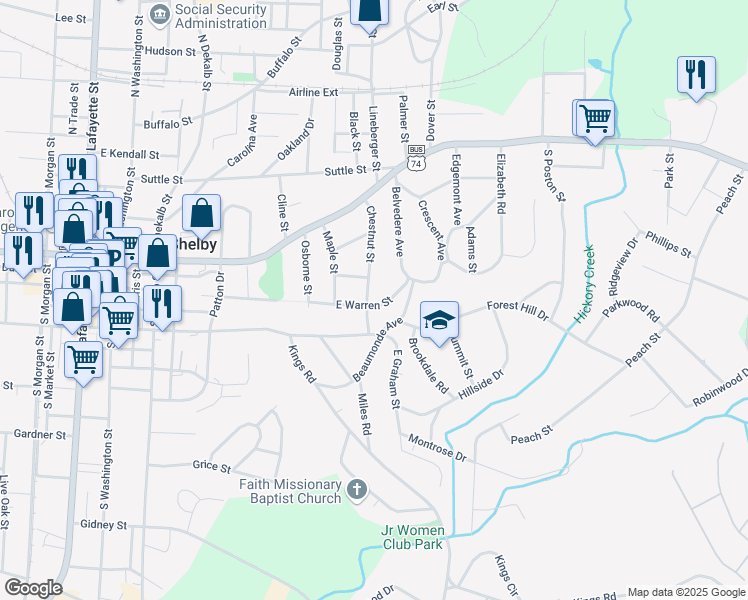 map of restaurants, bars, coffee shops, grocery stores, and more near 229 Chestnut Street in Shelby