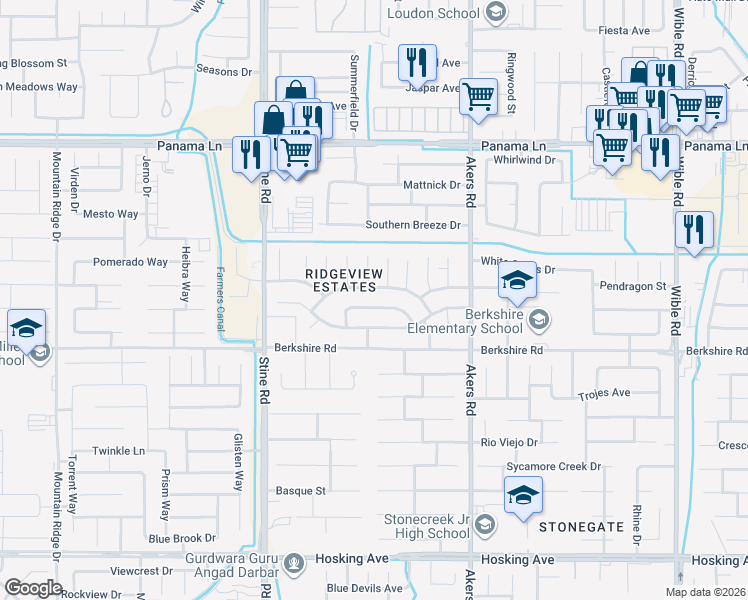 map of restaurants, bars, coffee shops, grocery stores, and more near 4416 Oregano Road in Bakersfield