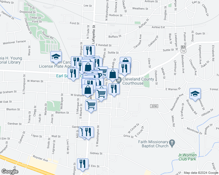 map of restaurants, bars, coffee shops, grocery stores, and more near 224 East Warren Street in Shelby