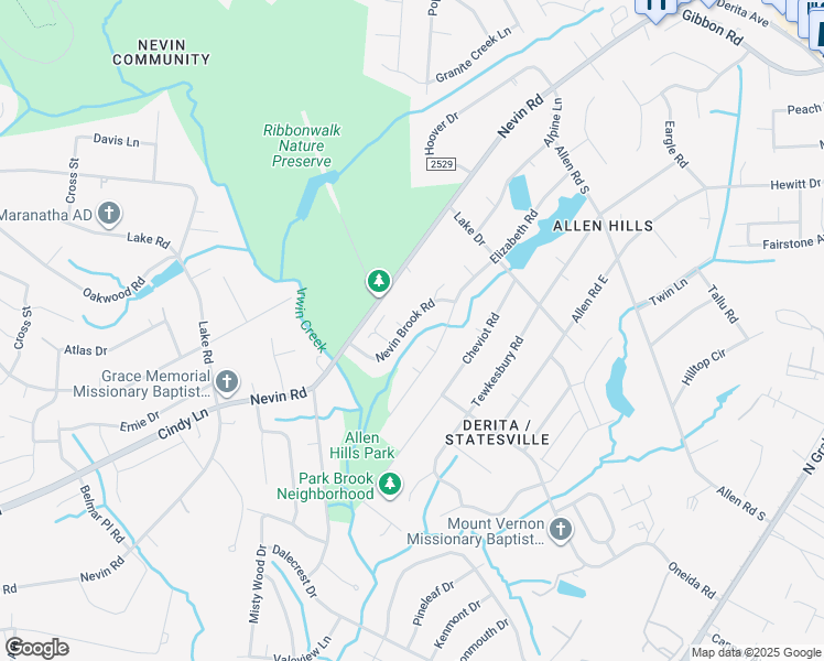 map of restaurants, bars, coffee shops, grocery stores, and more near 3421 Nevin Brook Road in Charlotte