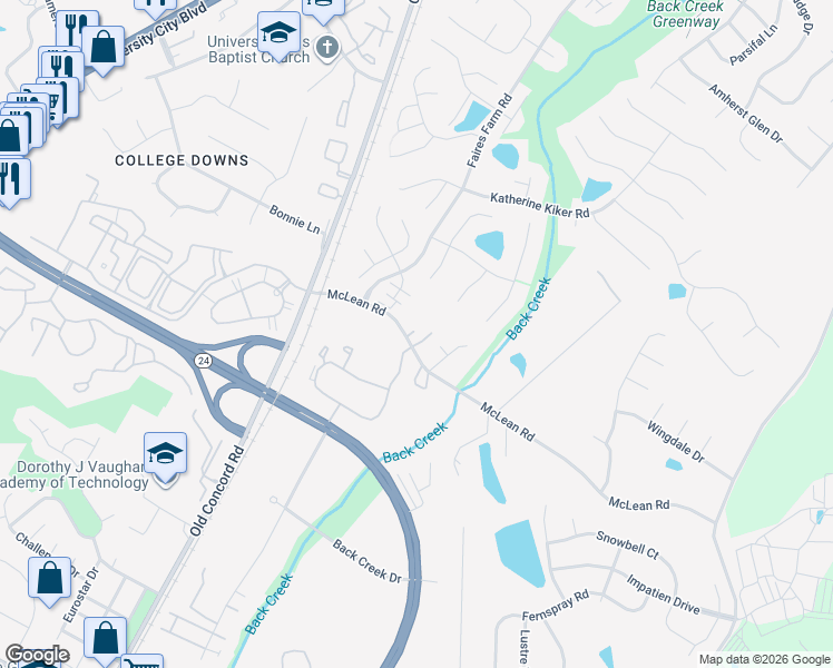 map of restaurants, bars, coffee shops, grocery stores, and more near 1907 McLean Rd in Charlotte