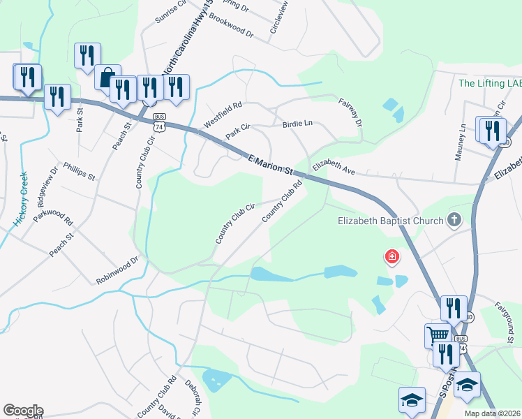 map of restaurants, bars, coffee shops, grocery stores, and more near 208 Country Club Road in Shelby