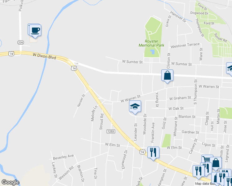 map of restaurants, bars, coffee shops, grocery stores, and more near 116 Carl Lane in Shelby