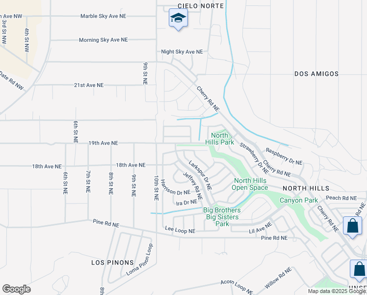 map of restaurants, bars, coffee shops, grocery stores, and more near 1309 Bellflower Drive Northeast in Rio Rancho