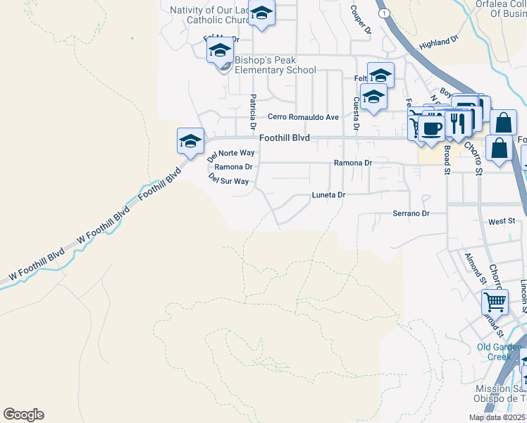 map of restaurants, bars, coffee shops, grocery stores, and more near 196 Luneta Drive in San Luis Obispo