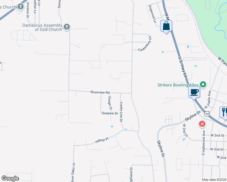 map of restaurants, bars, coffee shops, grocery stores, and more near 306 Treaty Line Drive in Russellville