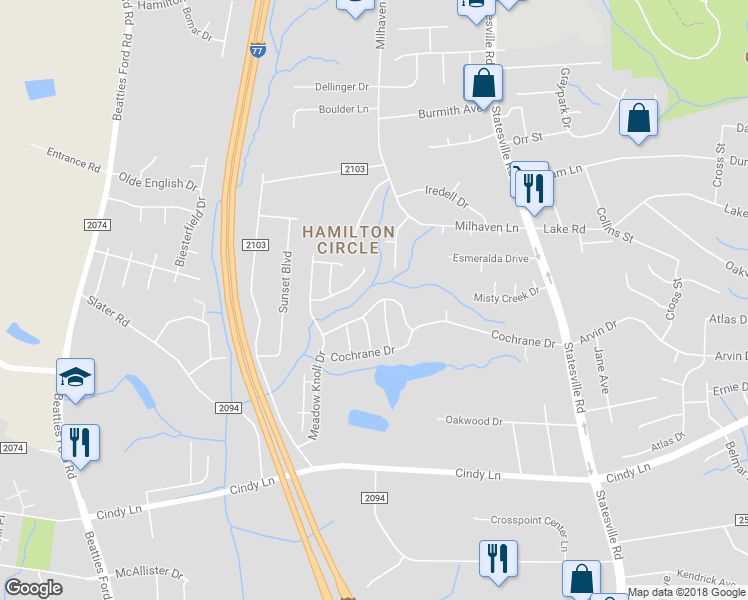 map of restaurants, bars, coffee shops, grocery stores, and more near 1512 Prairie Valley Drive in Charlotte
