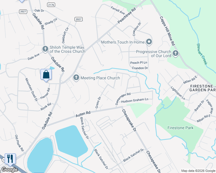 map of restaurants, bars, coffee shops, grocery stores, and more near 1404 Long Grass Court in Charlotte