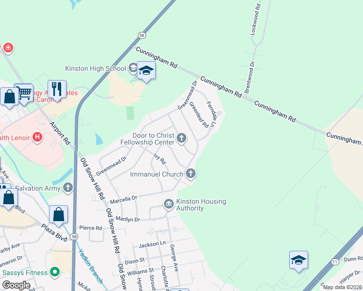map of restaurants, bars, coffee shops, grocery stores, and more near 2210 Hawthorne Avenue in Kinston