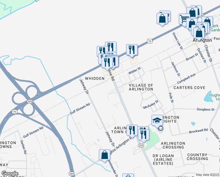 map of restaurants, bars, coffee shops, grocery stores, and more near 6055 Airline Rd in Arlington