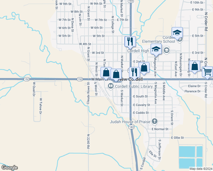 map of restaurants, bars, coffee shops, grocery stores, and more near 109 South Temple Street in New Cordell