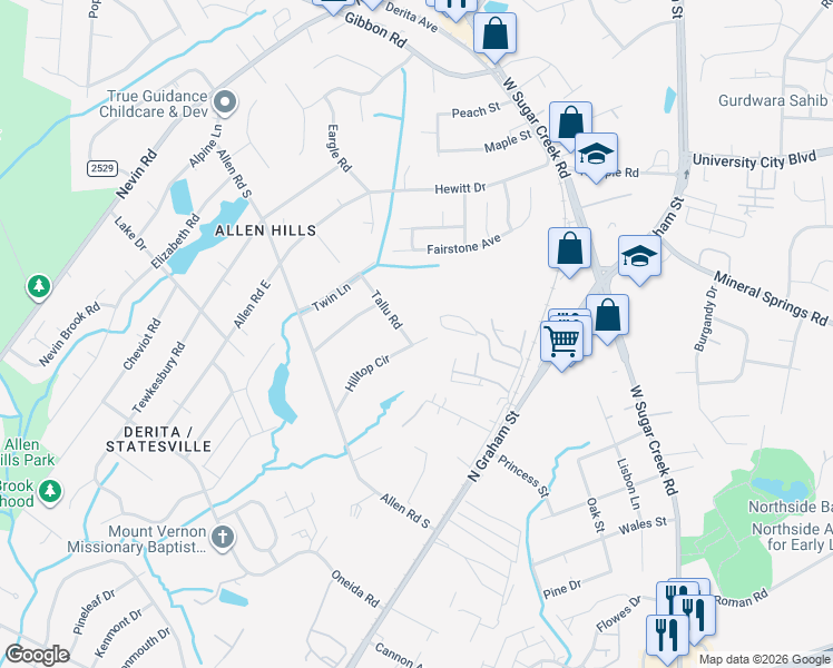 map of restaurants, bars, coffee shops, grocery stores, and more near 2700 Tallu Road in Charlotte