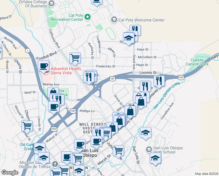 map of restaurants, bars, coffee shops, grocery stores, and more near 623 Grove Street in San Luis Obispo