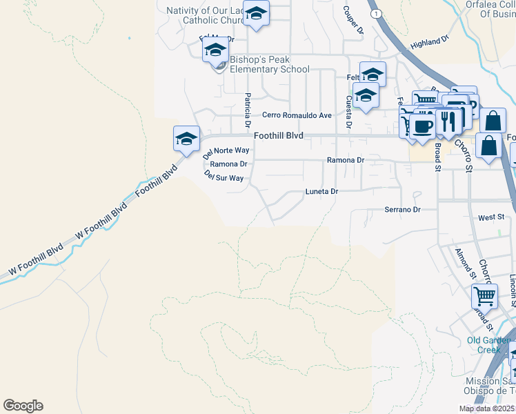 map of restaurants, bars, coffee shops, grocery stores, and more near 196 Luneta Drive in San Luis Obispo