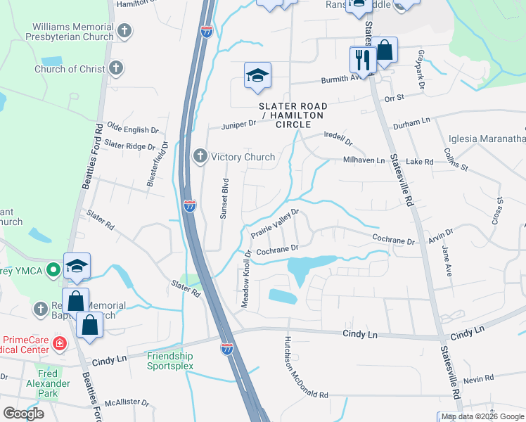 map of restaurants, bars, coffee shops, grocery stores, and more near 2518 Stream Bank Drive in Charlotte