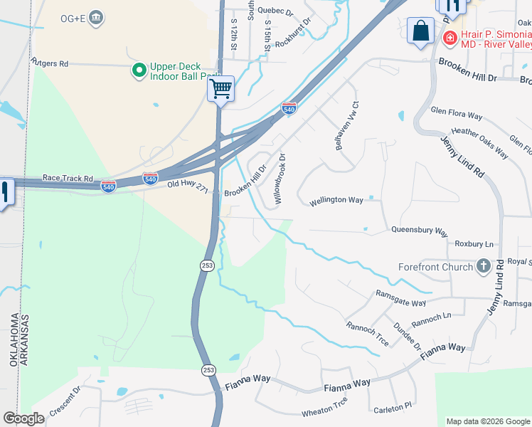 map of restaurants, bars, coffee shops, grocery stores, and more near 9928 Willowbrook Loop in Fort Smith