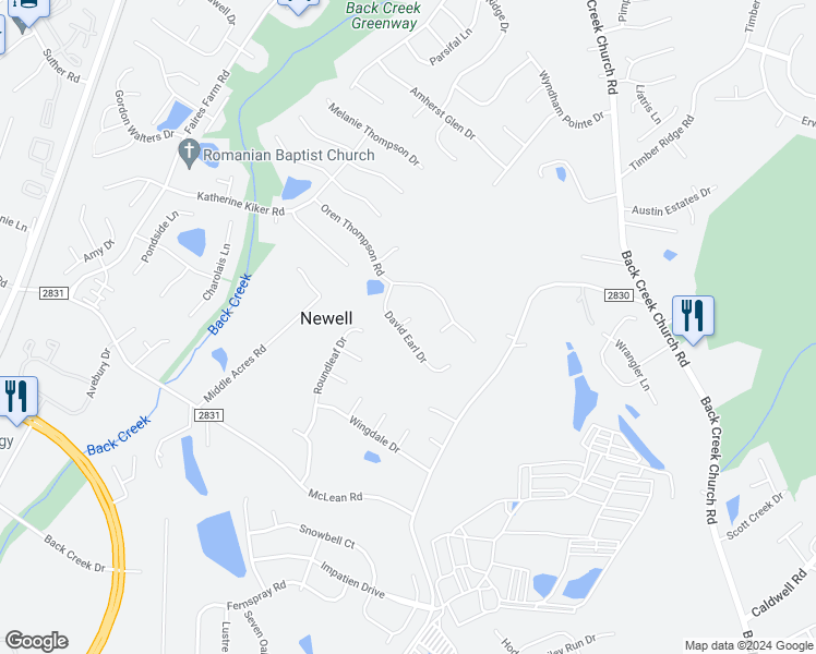 map of restaurants, bars, coffee shops, grocery stores, and more near 9215 Christina Marie Court in Charlotte