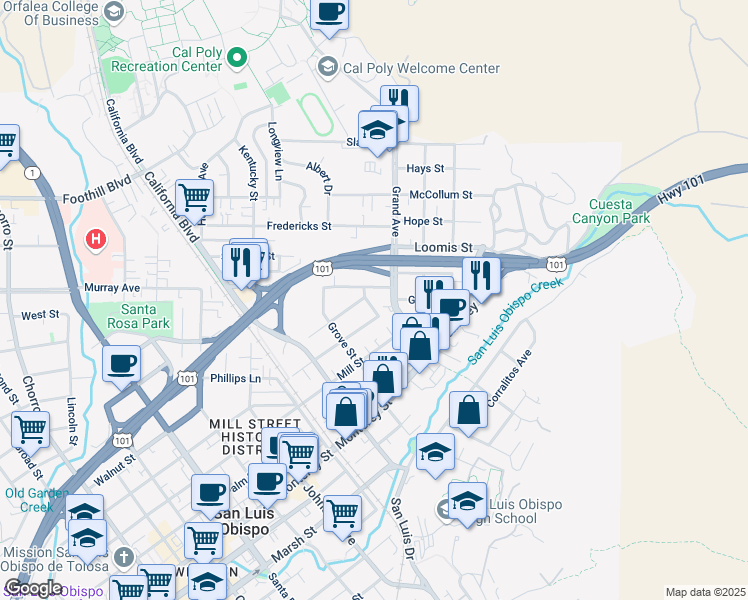 map of restaurants, bars, coffee shops, grocery stores, and more near 640 Park Street in San Luis Obispo