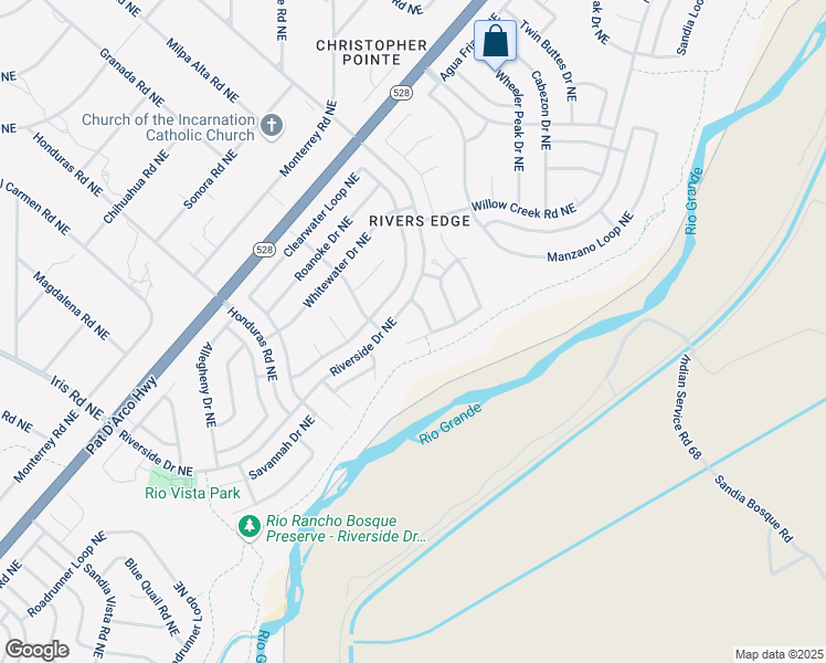 map of restaurants, bars, coffee shops, grocery stores, and more near 2042 Rivers Edge Drive Northeast in Rio Rancho
