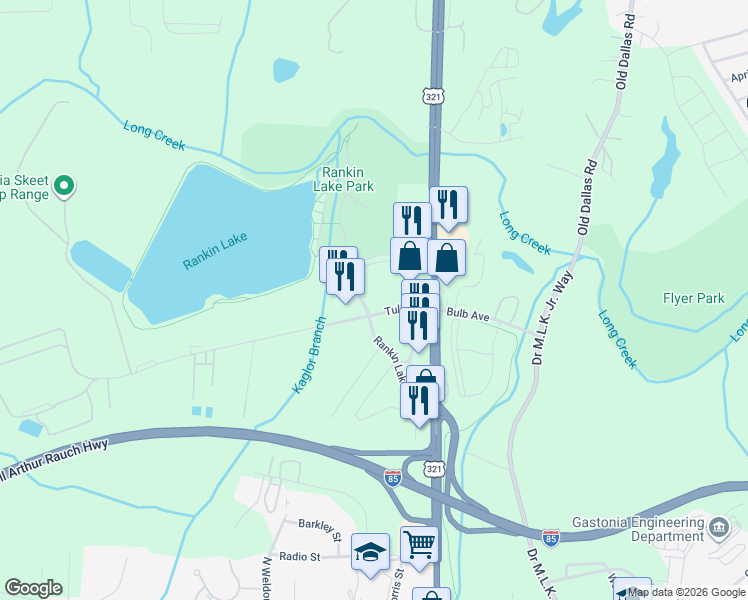map of restaurants, bars, coffee shops, grocery stores, and more near 1634 Rankin Lake Road in Gastonia